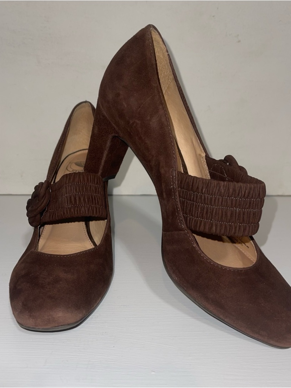 Nurture Brand Brown Suede Mary Jane Heel with Gathered Rosette Strap